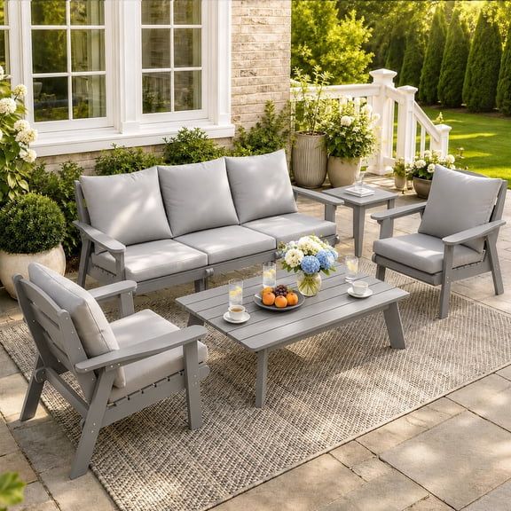 FOOWIN 7-Piece Patio Furniture Set, HDPE Outdoor Conversation Set with 5 Seating & Cushions, Perfect Patio Sofa Set for Garden, Porch, Backyard, Grey Frame with Grey Cushion