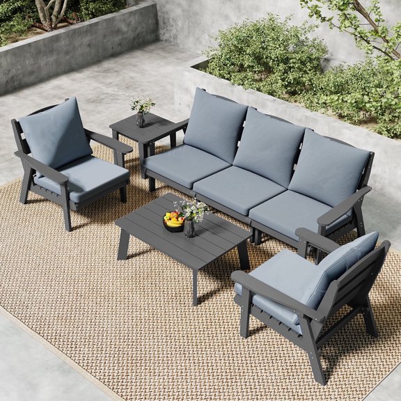 FOOWIN 7-Piece Patio Furniture Set, HDPE Outdoor Conversation Set with 5 Seating & Cushions, Perfect Patio Sofa Set for Garden, Porch, Backyard, Grey Frame with Grey Cushion