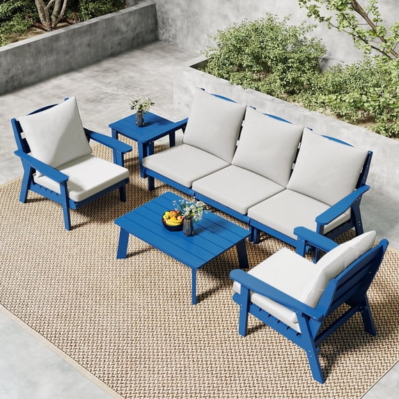 FOOWIN 7-Piece Patio Furniture Set, HDPE Outdoor Conversation Set with 5 Seating & Cushions, Perfect Patio Sofa Set for Garden, Porch, Backyard, Navy Frame with Beige Cushion