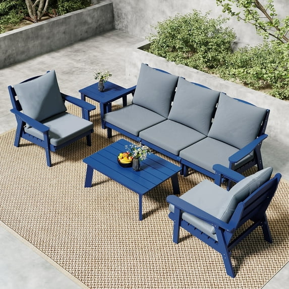 FOOWIN 7-Piece Patio Furniture Set, HDPE Outdoor Conversation Set with 5 Seating & Cushions, Perfect Patio Sofa Set for Garden, Porch, Backyard, Navy Frame with Grey Cushion