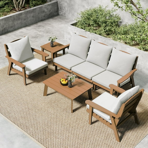 FOOWIN 7-Piece Patio Furniture Set, HDPE Outdoor Conversation Set with 5 Seating & Cushions, Perfect Patio Sofa Set for Garden, Porch, Backyard, Teak Frame with Beige Cushion
