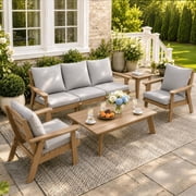 FOOWIN 7-Piece Patio Furniture Set, HDPE Outdoor Conversation Set with 5 Seating &amp; Cushions, Perfect Patio Sofa Set for Garden, Porch, Backyard, Teak Frame with Grey Cushion