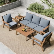 FOOWIN 7-Piece Patio Furniture Set, HDPE Outdoor Conversation Set with 5 Seating &amp; Cushions, Perfect Patio Sofa Set for Garden, Porch, Backyard, Teak Frame with Grey Cushion