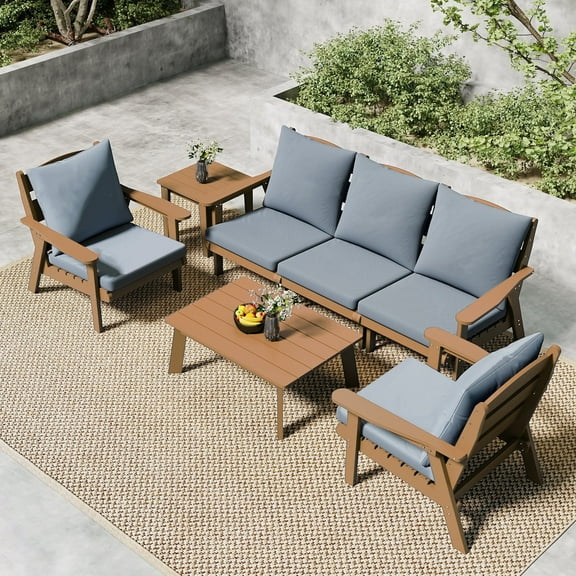 FOOWIN 7-Piece Patio Furniture Set, HDPE Outdoor Conversation Set with 5 Seating & Cushions, Perfect Patio Sofa Set for Garden, Porch, Backyard, Teak Frame with Grey Cushion