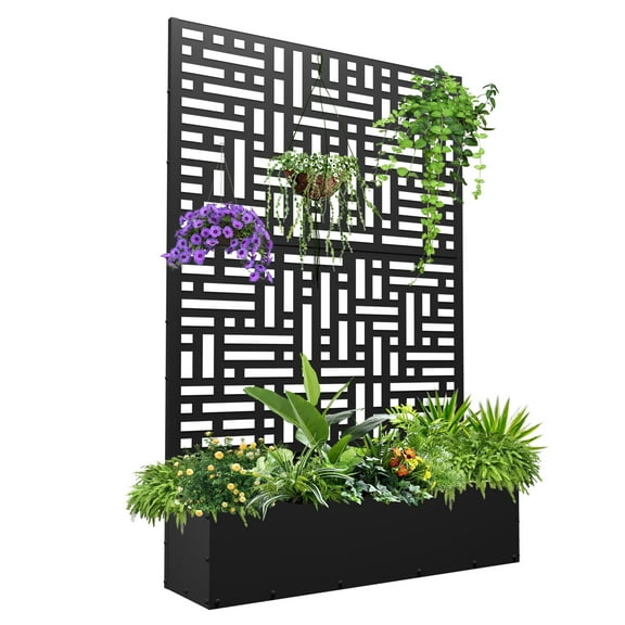 FOOWIN 71'' H Metal Planter with Trellis, Outdoor Raised Garden Bed for Climbing Plants, Trellis Planter Box with Drainage Hole, Black