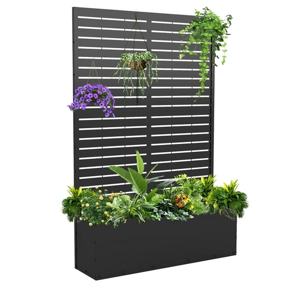 FOOWIN 71" H Metal Planter with Trellis, Outdoor Raised Garden Bed for Climbing Plants, Trellis Planter Box with Drainage Hole, Black