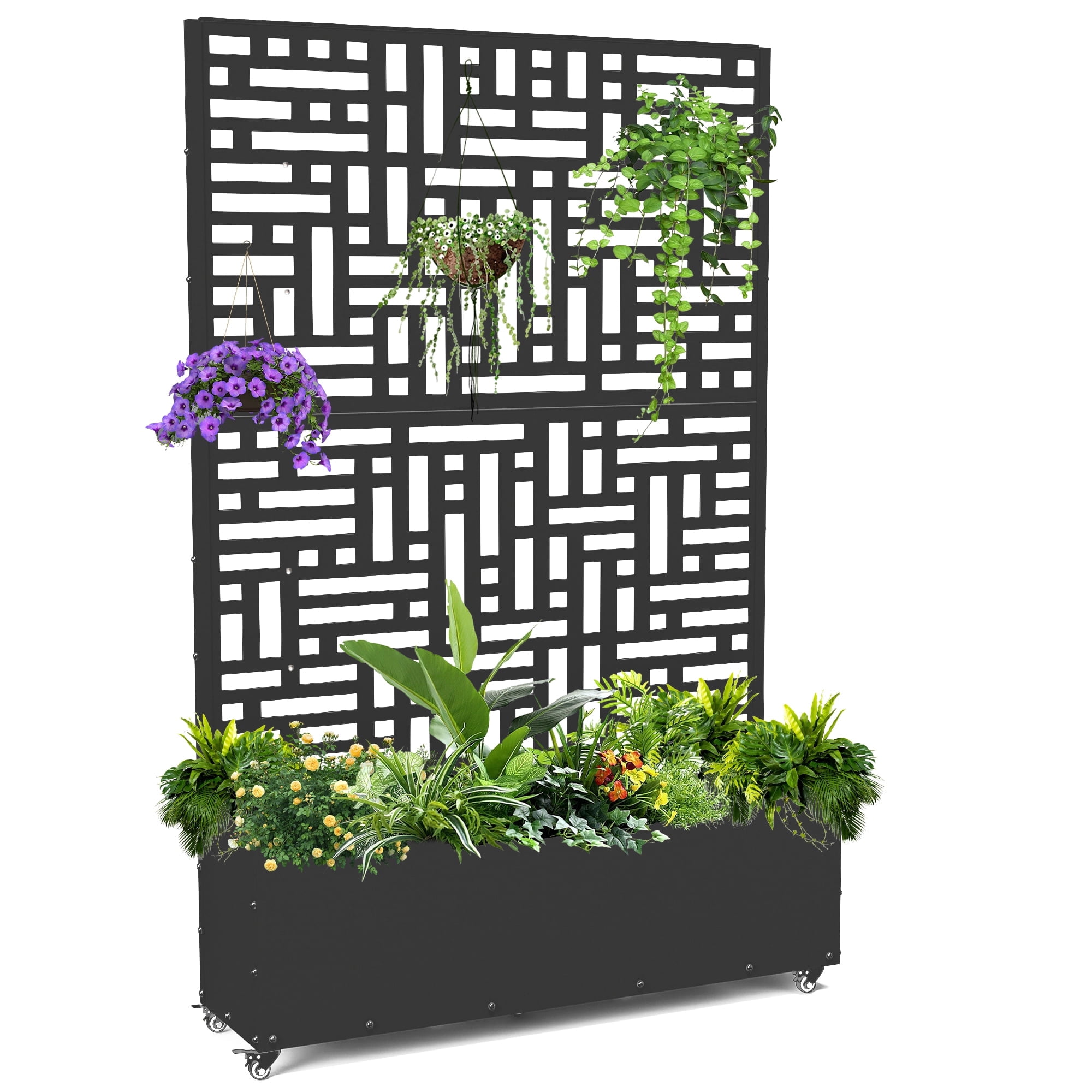 FOOWIN 71'' H Metal Planter with Trellis and Wheels , Outdoor Raised Garden Bed for Climbing Plants, Trellis Planter Box with Drainage Hole, Black