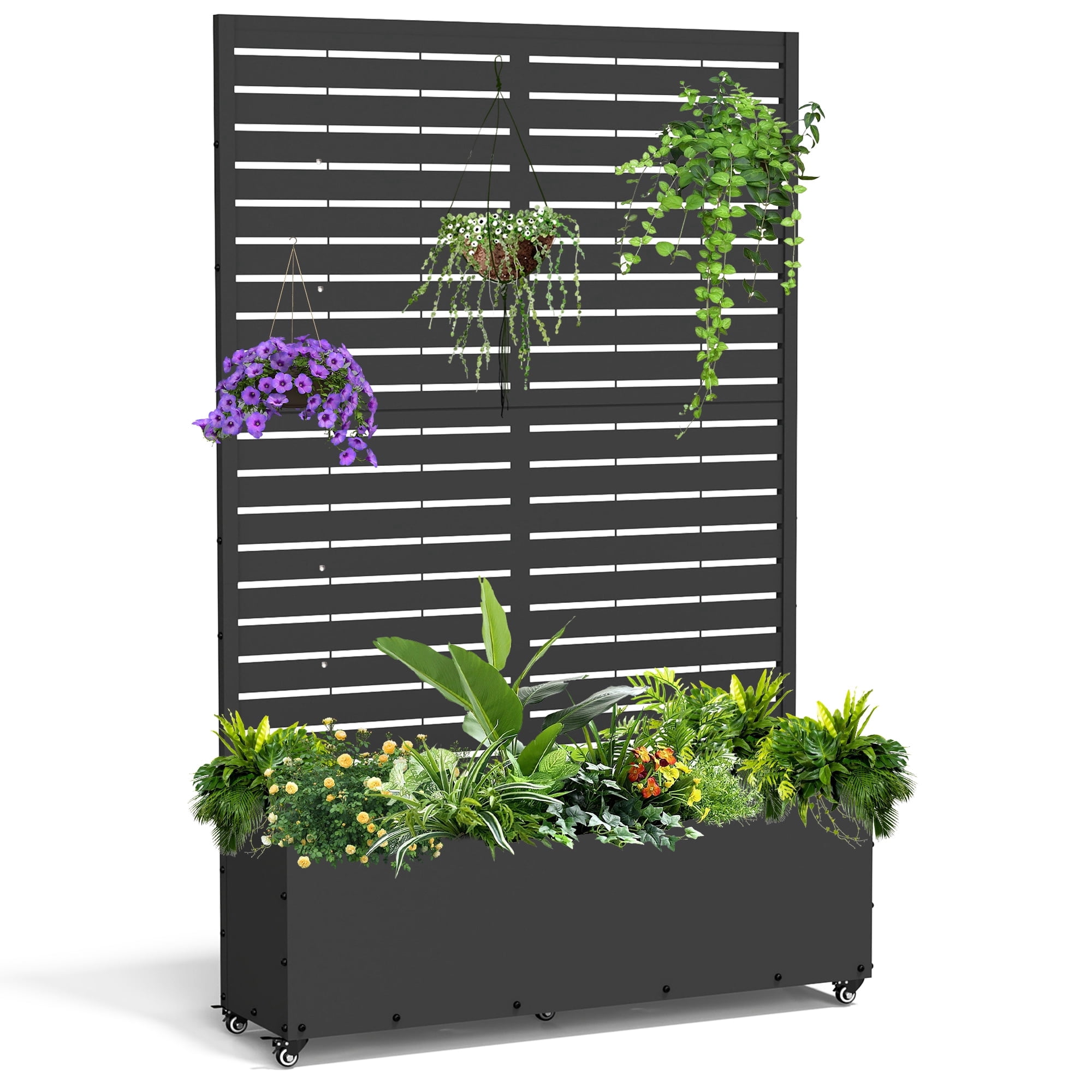 FOOWIN 71" H Metal Planter with Trellis and Wheels, Outdoor Raised Garden Bed for Climbing Plants, Trellis Planter Box with Drainage Hole, Black