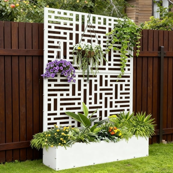 FOOWIN 71'' H Metal Planter with Trellis, Outdoor Raised Garden Bed for Climbing Plants, Trellis Planter Box with Drainage Hole, White