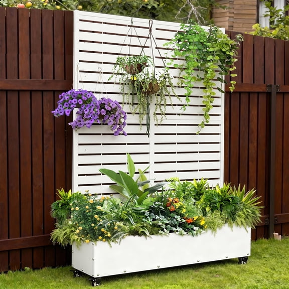 FOOWIN 71" H Metal Planter with Trellis and Wheels , Outdoor Raised Garden Bed for Climbing Plants, Trellis Planter Box with Drainage Hole, White