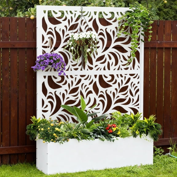 FOOWIN 71" H Metal Planter with Trellis, Outdoor Raised Garden Bed for Climbing Plants, Trellis Planter Box with Drainage Hole, White