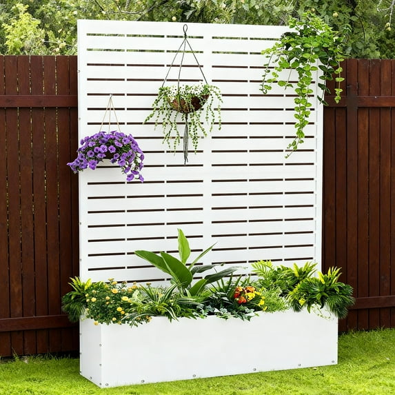 FOOWIN 71" H Metal Planter with Trellis, Outdoor Raised Garden Bed for Climbing Plants, Trellis Planter Box with Drainage Hole, White