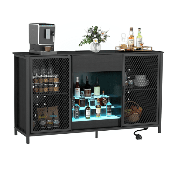 FOOWIN 71" Wine Bar Cabinet, LED Lighted Coffee Bar Cabinet, Black