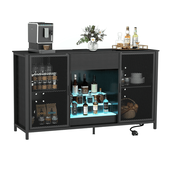 FOOWIN 71" Wine Bar Cabinet with Fridge Space, LED Lighted Modern Liquor Cabinet, Drawer, Adjustable Shelf, Bottle Wine Rack & Storage Table for Dining Room, Kitchen