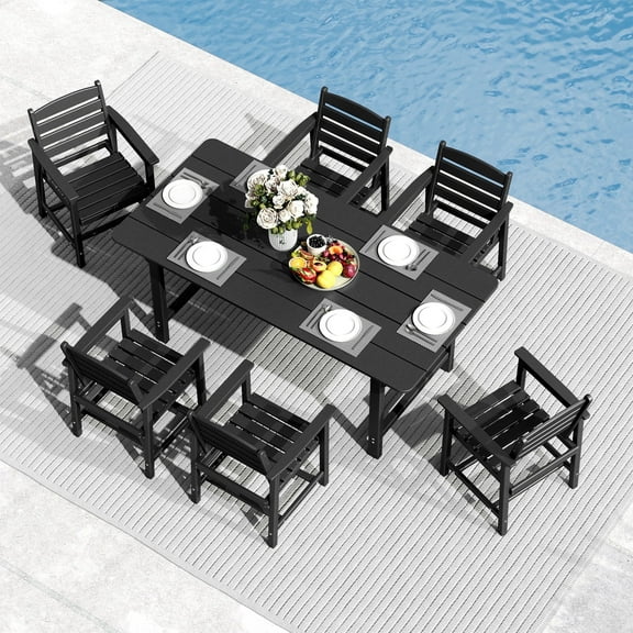 FOOWIN 7-Piece Patio Dining Set, HDPE All-Weather Outdoor Furniture with 6 Chairs and 1 Table, Black