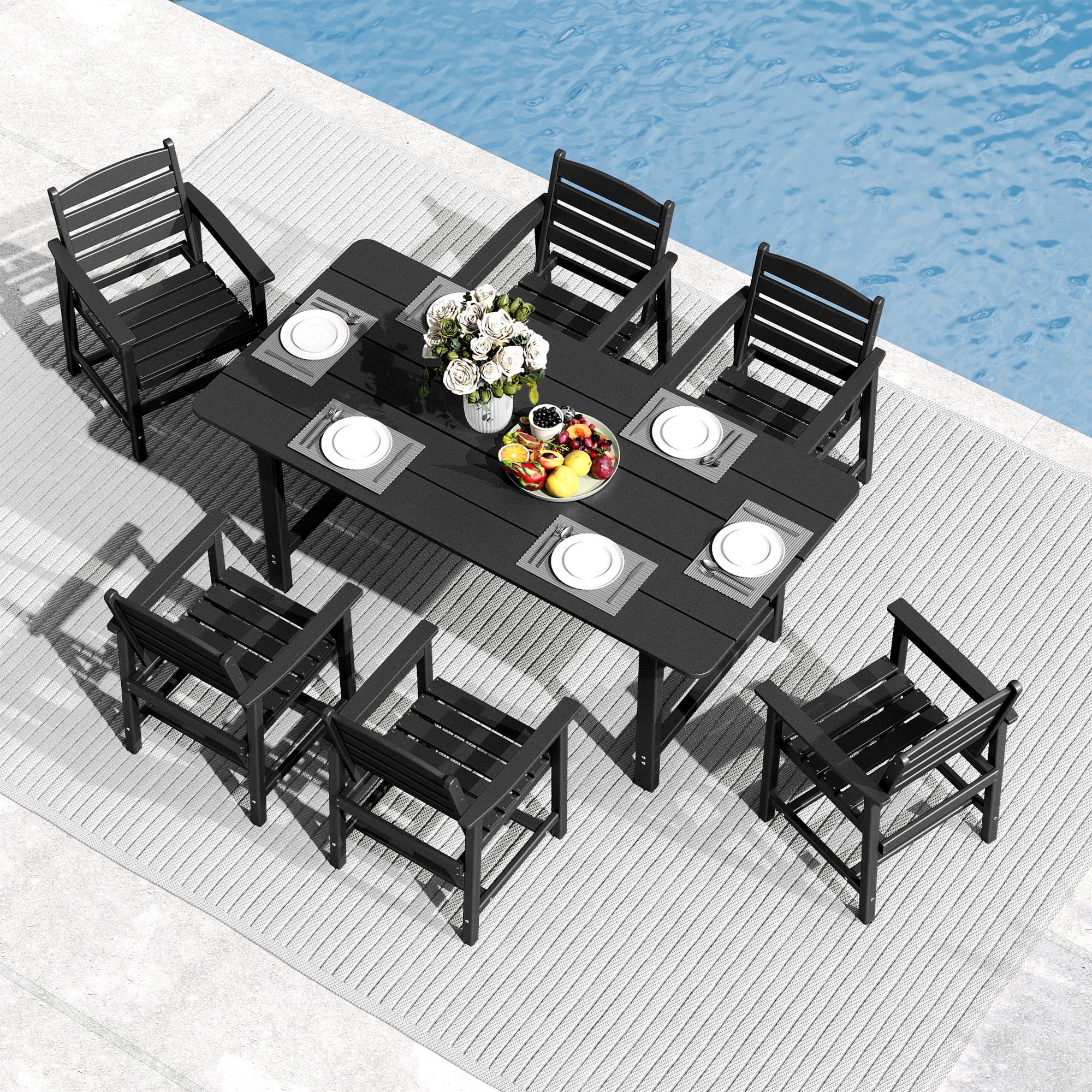 Black HDPE 7-Piece Outdoor Patio Dining Set with Umbrella Hole