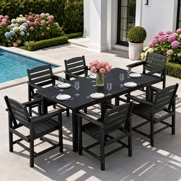 FOOWIN 7-Piece Patio Dining Set, HDPE All-Weather Outdoor Furniture with 6 Chairs and 1 Table, Black
