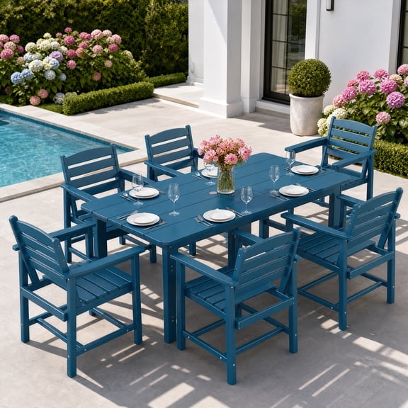 FOOWIN 7-Piece Patio Dining Set, HDPE All-Weather Outdoor Furniture with 6 Chairs and 1 Table, Blue