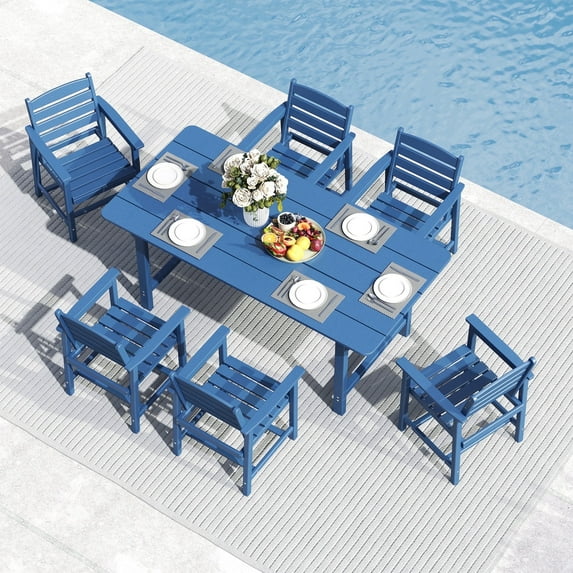 FOOWIN 7-Piece Patio Dining Set, HDPE All-Weather Outdoor Furniture with 6 Chairs and 1 Table, Blue