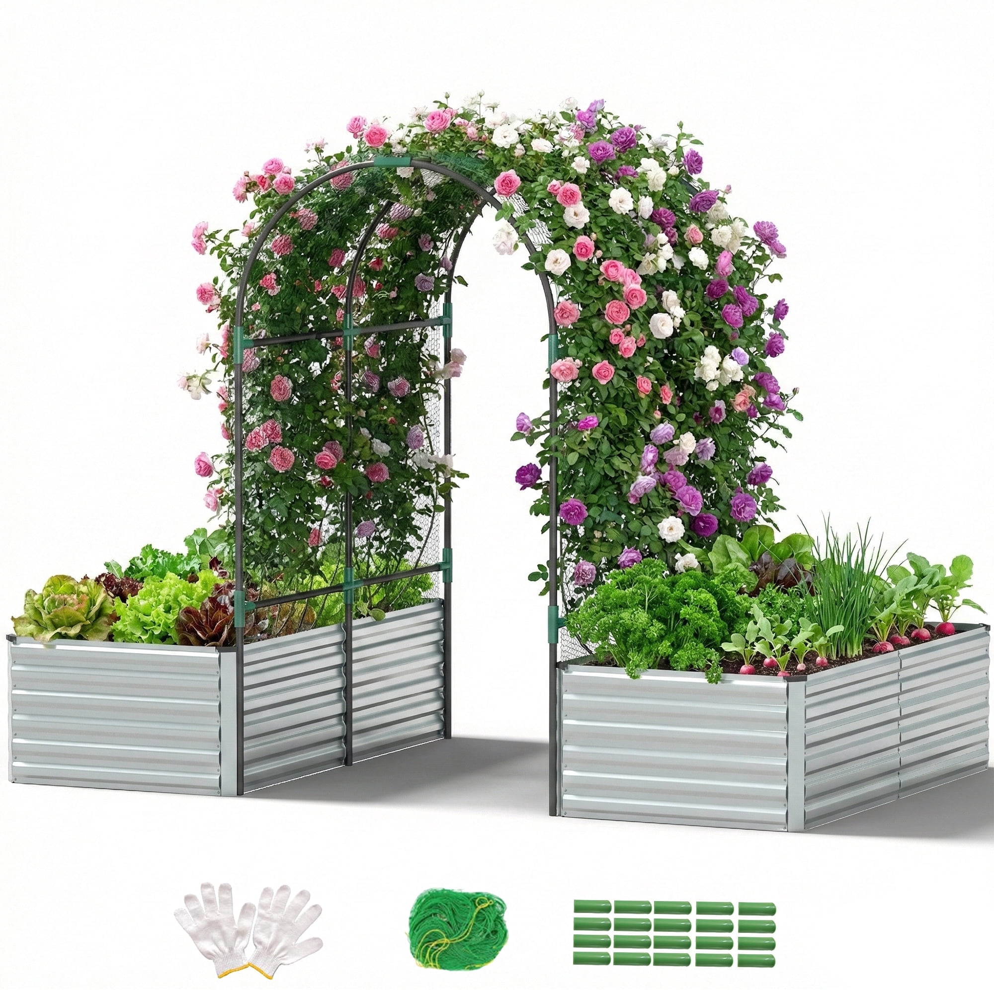 FOOWIN 8x4x2 ft 3 in 1 Galvanized Raised Garden Bed with Trellis, Outdoor Metal Planter Box for Vegetables & Flowers, 478 Gallon Capacity, White