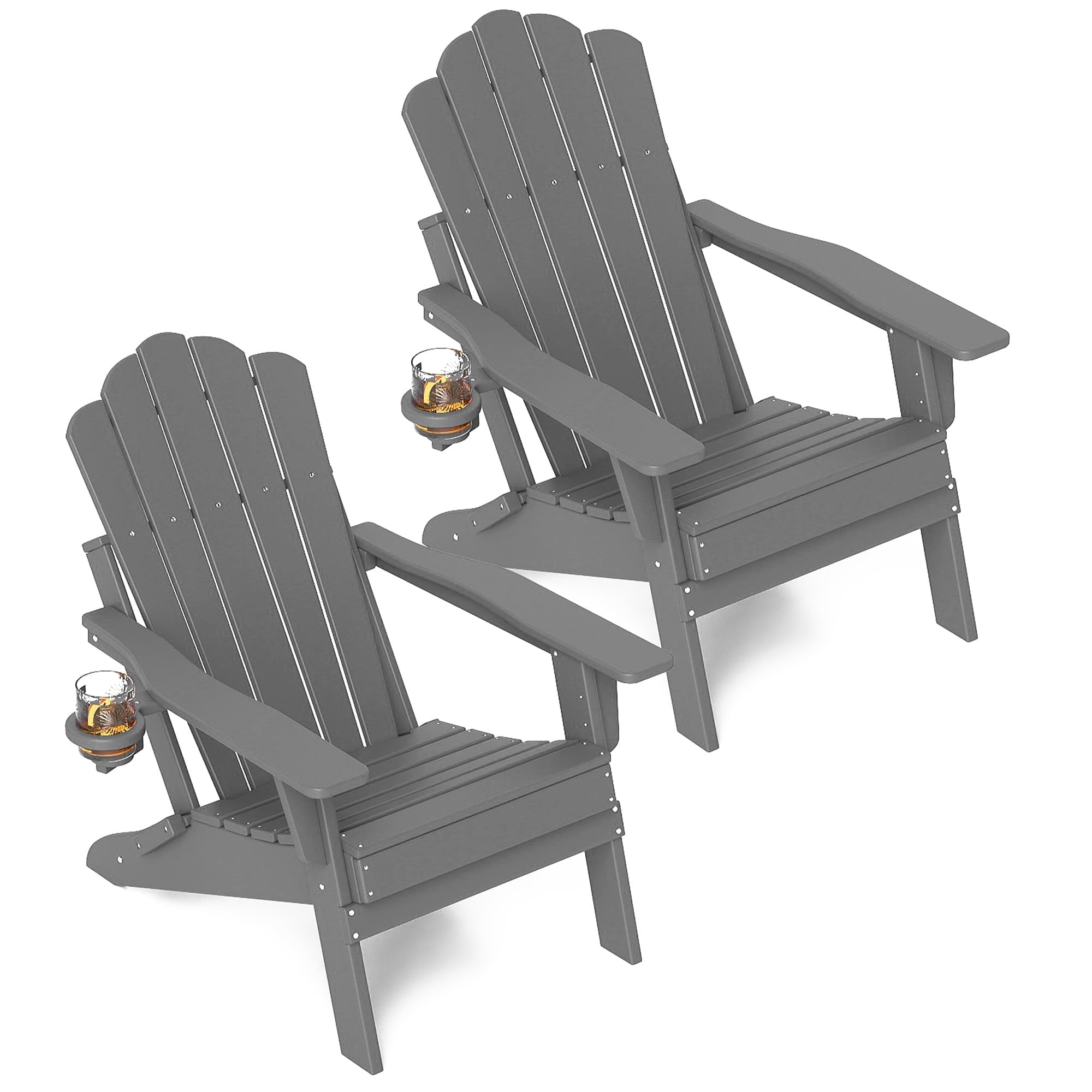 FOOWIN Adjustable Backrest Folding Adirondack Chair Set of 2, HDPE Weather Resistant Adirondack Chair with Cup Holder, Fire Pit Chair, Grey