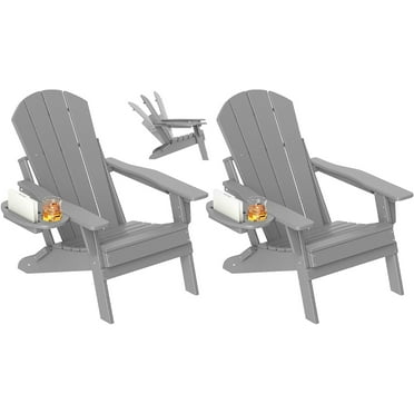 FOOWIN Adjustable Backrest Folding Adirondack Chair Set of 2, HDPE Weather Resistant Adirondack Chair with Cup Holder, Fire Pit Chair, Grey