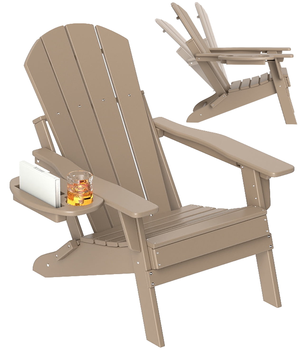 FOOWIN Adjustable Backrest Folding Adirondack Chair with Cup Holder, HDPE Weather Resistant Fire Pit Chair, Brown