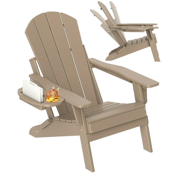 FOOWIN Adjustable Backrest Folding Adirondack Chair with Cup Holder, HDPE Weather Resistant Fire Pit Chair, Brown