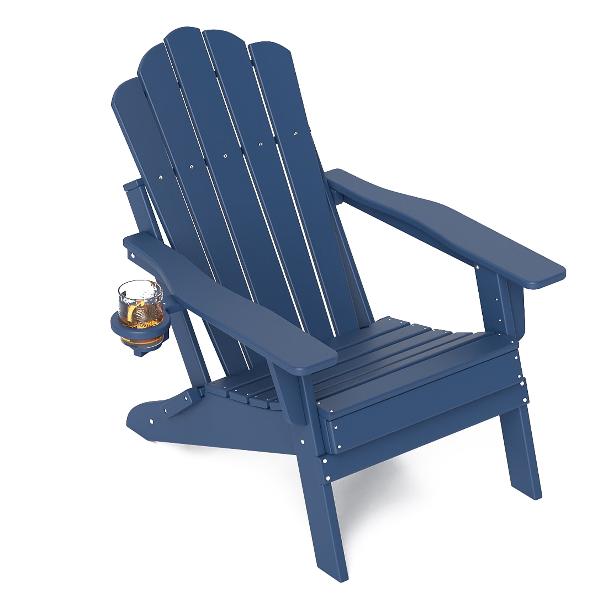 FOOWIN Adjustable Backrest Folding Adirondack Chair with Cup Holder, HDPE Weather Resistant Fire Pit Chair, Navy Blue