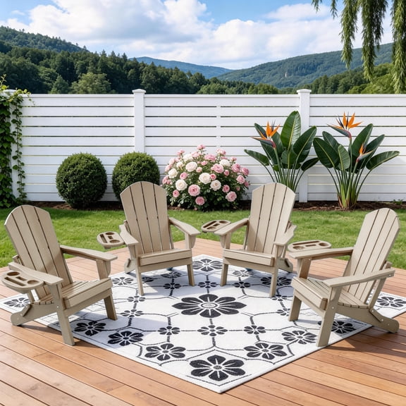 FOOWIN Folding Adirondack Chair with 4 in 1 Cup Holder Set of 4, HDPE Outdoor Fire Pit Chairs Adirondack Chair Plastic, Brown