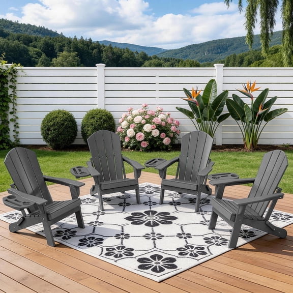 FOOWIN Folding Adirondack Chair with 4 in 1 Cup Holder Set of 4, HDPE Outdoor Fire Pit Chairs Adirondack Chair Plastic, Gray