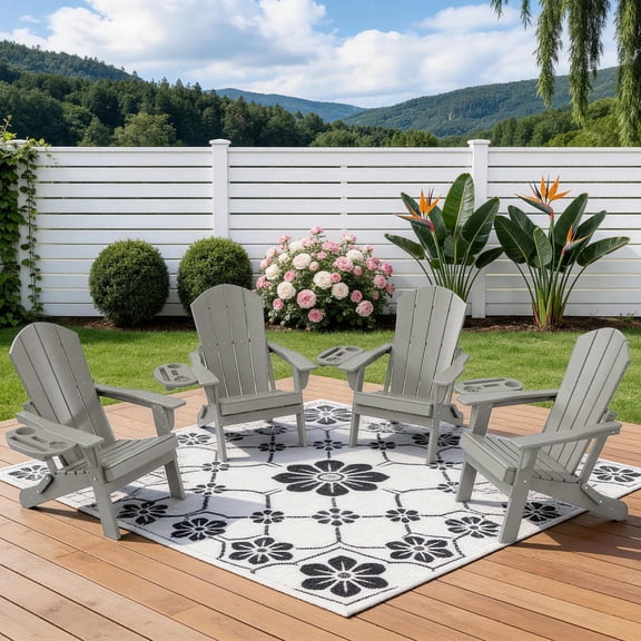 FOOWIN Folding Adirondack Chair with 4 in 1 Cup Holder Set of 4, HDPE Outdoor Fire Pit Chairs Adirondack Chair Plastic, Light Gray