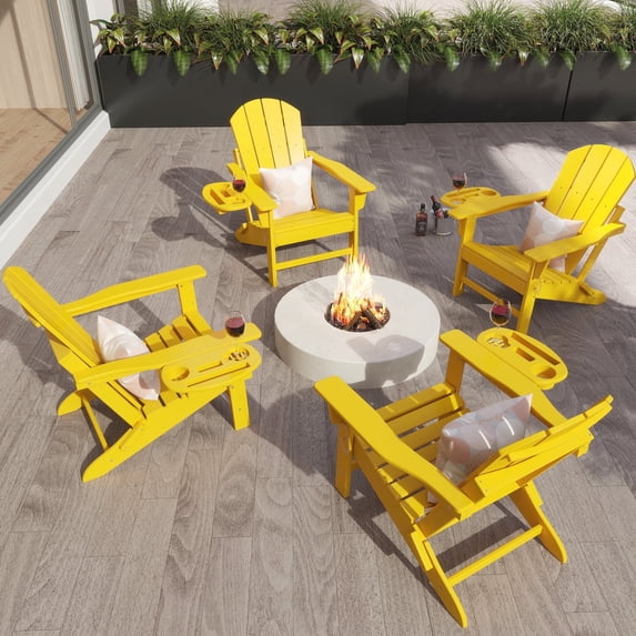 FOOWIN Folding Adirondack Chair with 4 in 1 Cup Holder Set of 4, HDPE Outdoor Fire Pit Chairs Adirondack Chair Plastic, Yellow