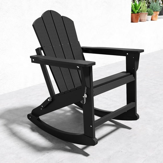 FOOWIN Folding Rocking Adirondack Chair, HDPE Plastic Rocking Chairs for Patio Porch Rocker Chair, Black