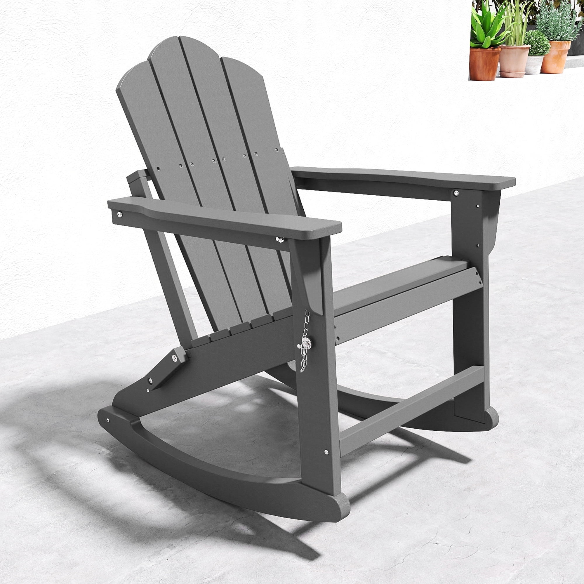 FOOWIN Folding Rocking Adirondack Chair, HDPE Plastic Rocking Chairs for Patio Porch Rocker Chair, Grey