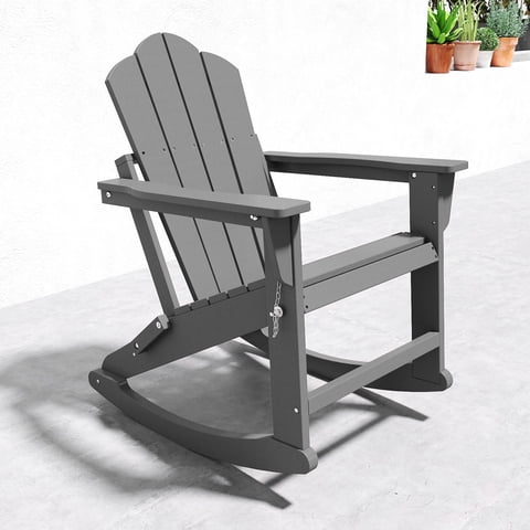 FOOWIN Folding Rocking Adirondack Chair, HDPE Plastic Rocking Chairs for Patio Porch Rocker Chair, Grey