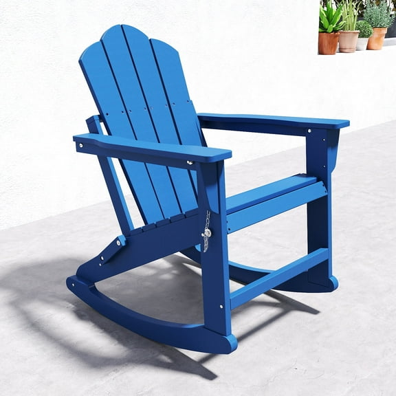 FOOWIN Folding Rocking Adirondack Chair, HDPE Plastic Rocking Chairs for Patio Porch Rocker Chair, Navy Blue