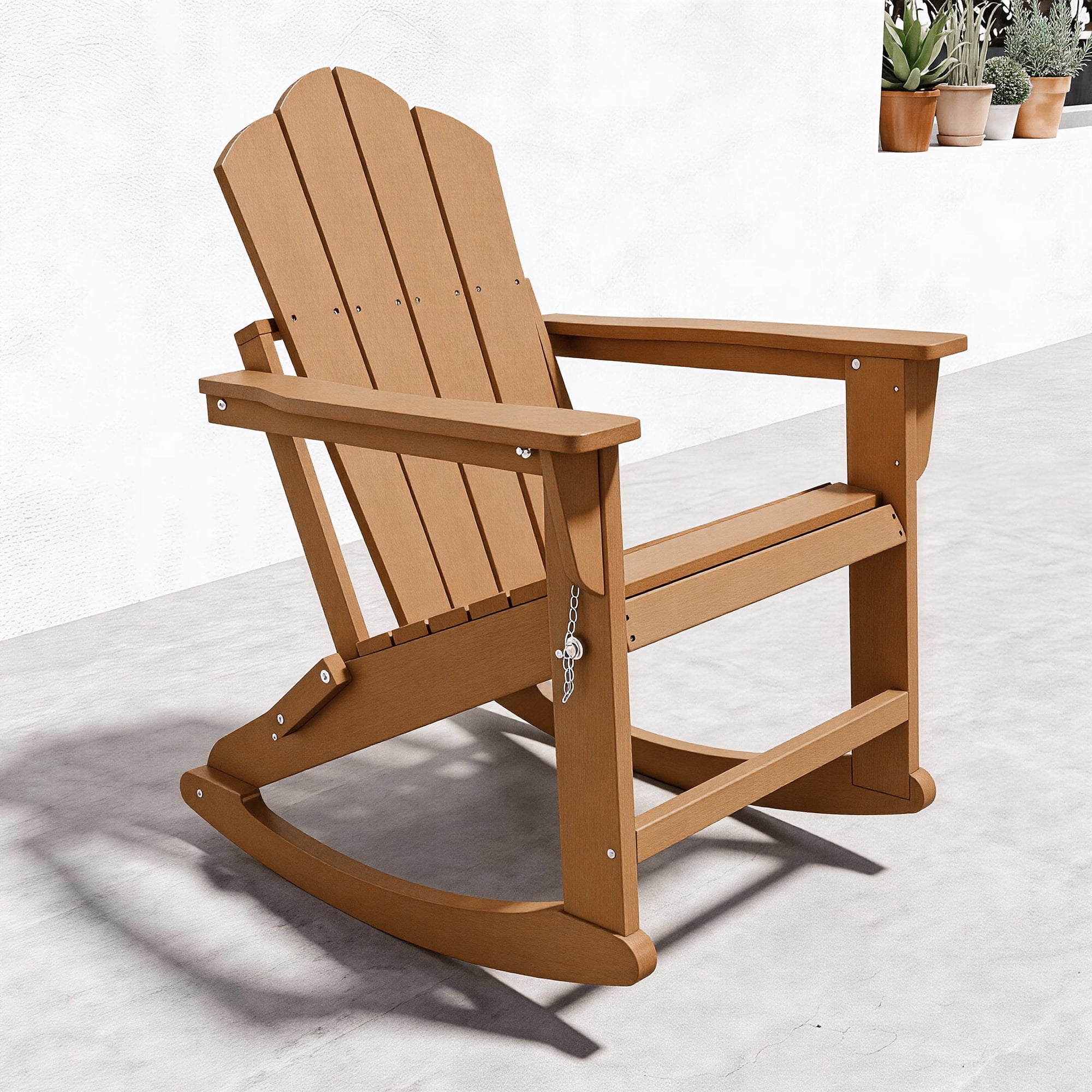 FOOWIN Folding Rocking Adirondack Chair, HDPE Plastic Rocking Chairs for Patio Porch Rocker Chair, Teak