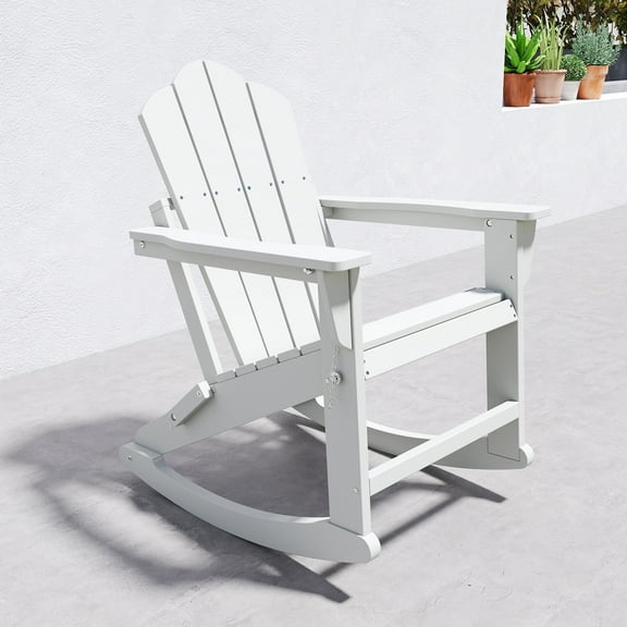 FOOWIN Folding Rocking Adirondack Chair, HDPE Plastic Rocking Chairs for Patio Porch Rocker Chair, White