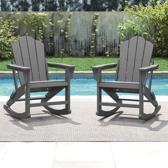 FOOWIN Folding Rocking Adirondack Chair Set of 2, HDPE Plastic Rocking Chairs for Patio Porch Rocker Chair, Grey