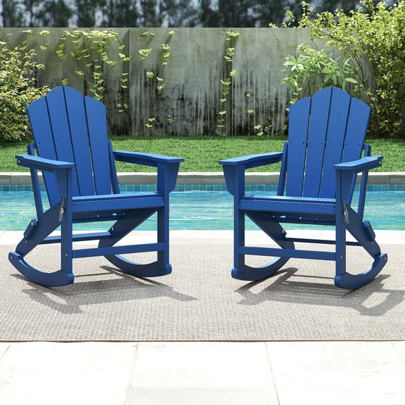FOOWIN Folding Rocking Adirondack Chair Set of 2, HDPE Plastic Rocking Chairs for Patio Porch Rocker Chair, Navy Blue