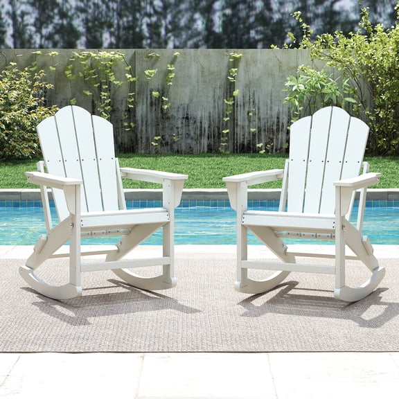 FOOWIN Folding Rocking Adirondack Chair Set of 2, HDPE Plastic Rocking Chairs for Patio Porch Rocker Chair, White