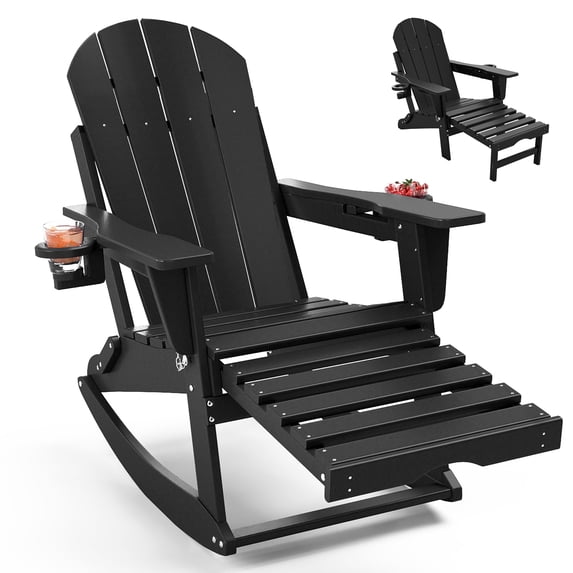 FOOWIN HDPE Plastic Rocking Adirondack Chair, Folding Rocking Chairs for Patio Porch Rocker Chair, Black