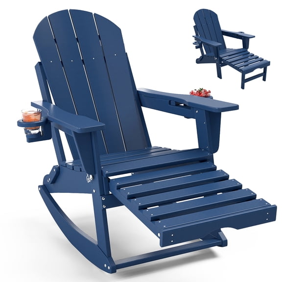 FOOWIN HDPE Plastic Rocking Adirondack Chair, Folding Rocking Chairs for Patio Porch Rocker Chair, Blue