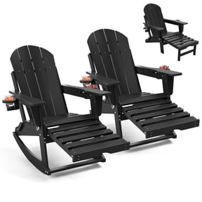 FOOWIN HDPE Plastic Rocking Adirondack Chair Set of 2, Folding Rocking Chairs for Patio Porch Rocker Chair, Black