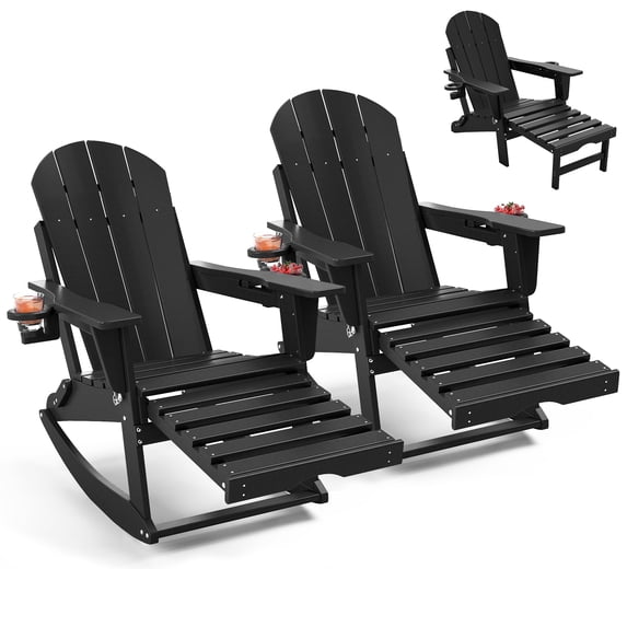 FOOWIN HDPE Plastic Rocking Adirondack Chair Set of 2, Folding Rocking Chairs for Patio Porch Rocker Chair, Black