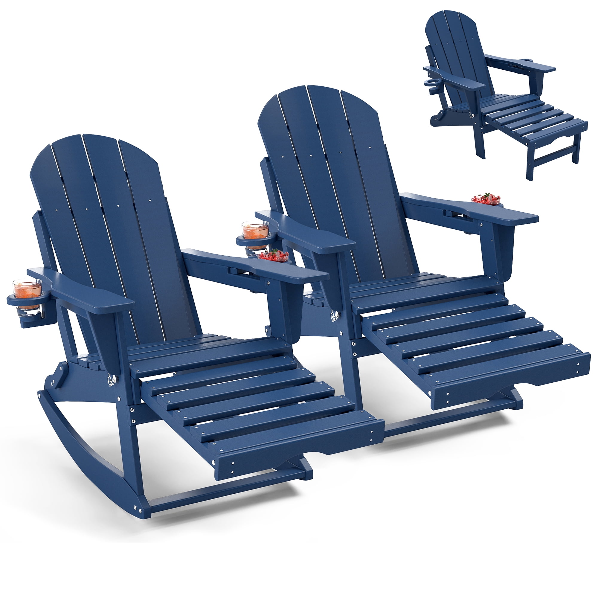 FOOWIN HDPE Plastic Rocking Adirondack Chair Set of 2, Folding Rocking Chairs for Patio Porch Rocker Chair, Blue