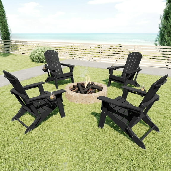 FOOWIN HDPE Folding Adirondack Chair with Cup Holder, Fire Pit Chairs Set of 4, Black