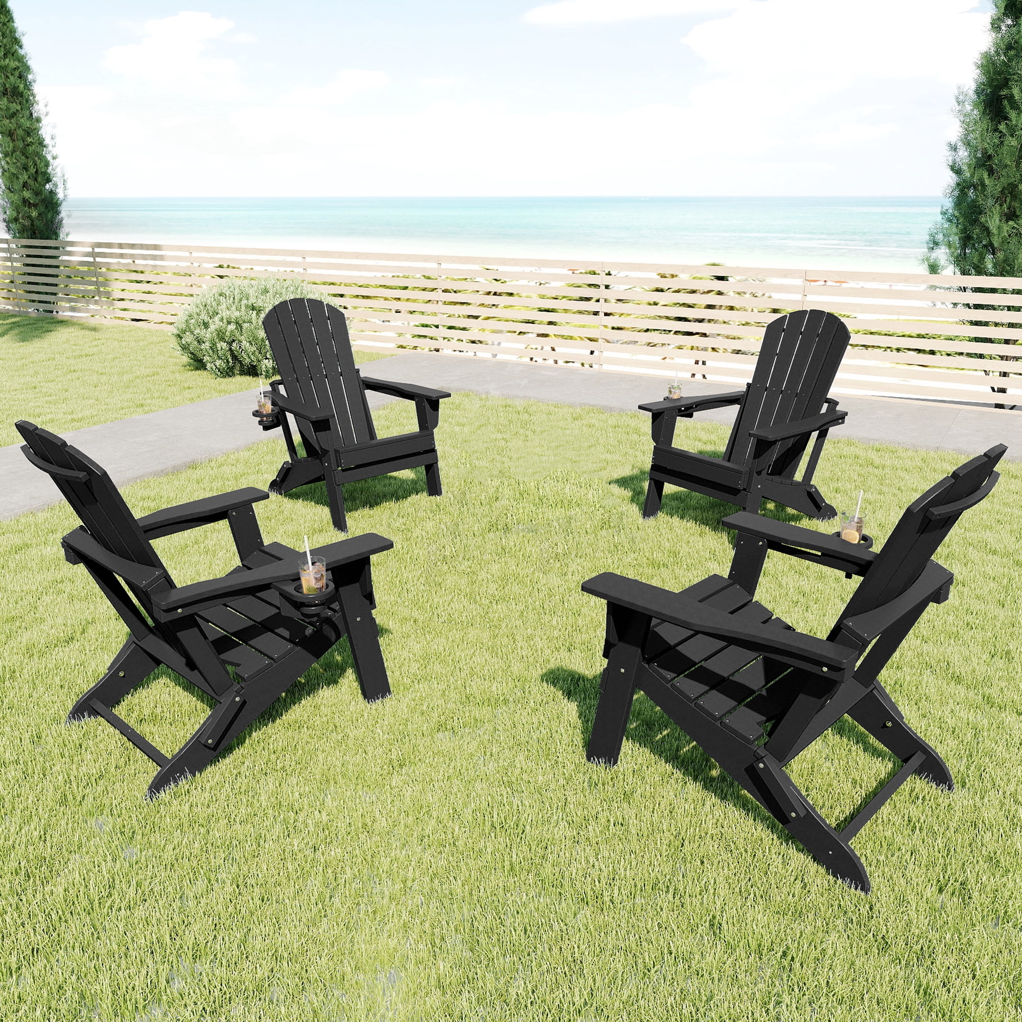FOOWIN HDPE Folding Adirondack Chair with Cup Holder, Fire Pit Chairs Set of 4, Black