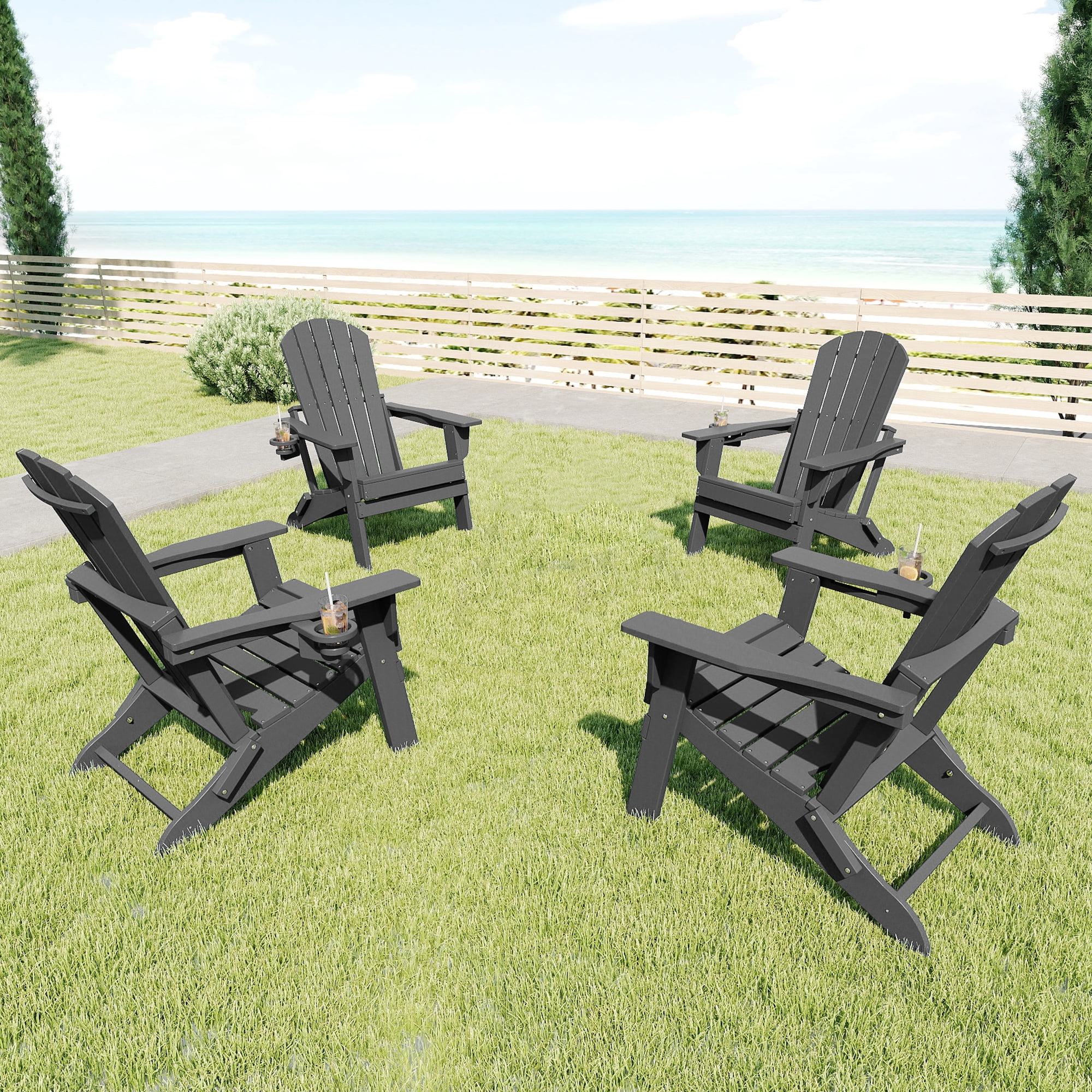 FOOWIN HDPE Folding Adirondack Chair with Cup Holder, Fire Pit Chairs Set of 4, Grey